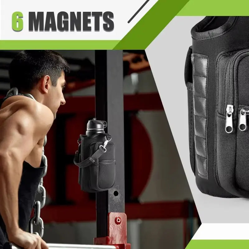 Magnetic Water Bottle Carrier with Phone Pocket & Shoulder Strap - Perfect for Gym Use! - Woof Glow Gear