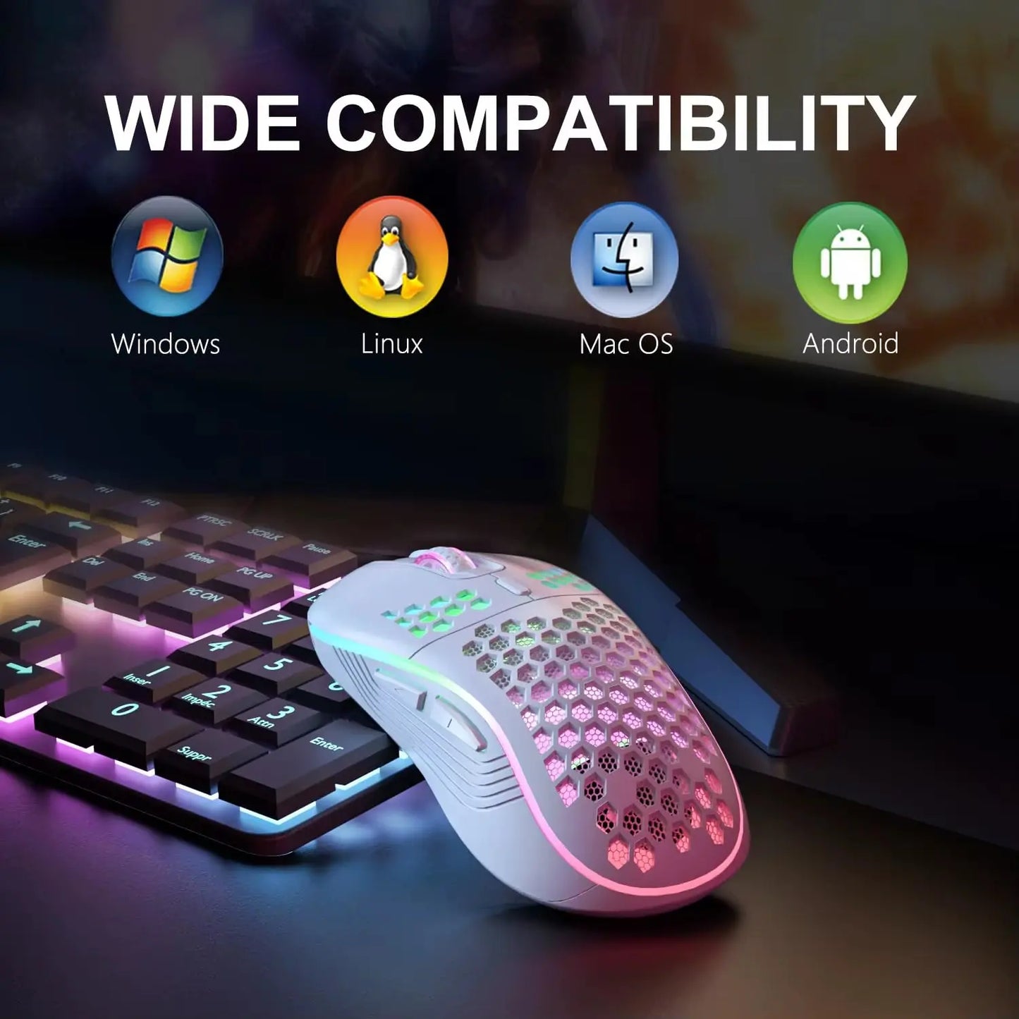 RGB Wireless Gaming Mouse - Ergonomic Honeycomb Design, 6 Buttons, 3-Speed DPI, Type C Rechargeable - Woof Glow Gear