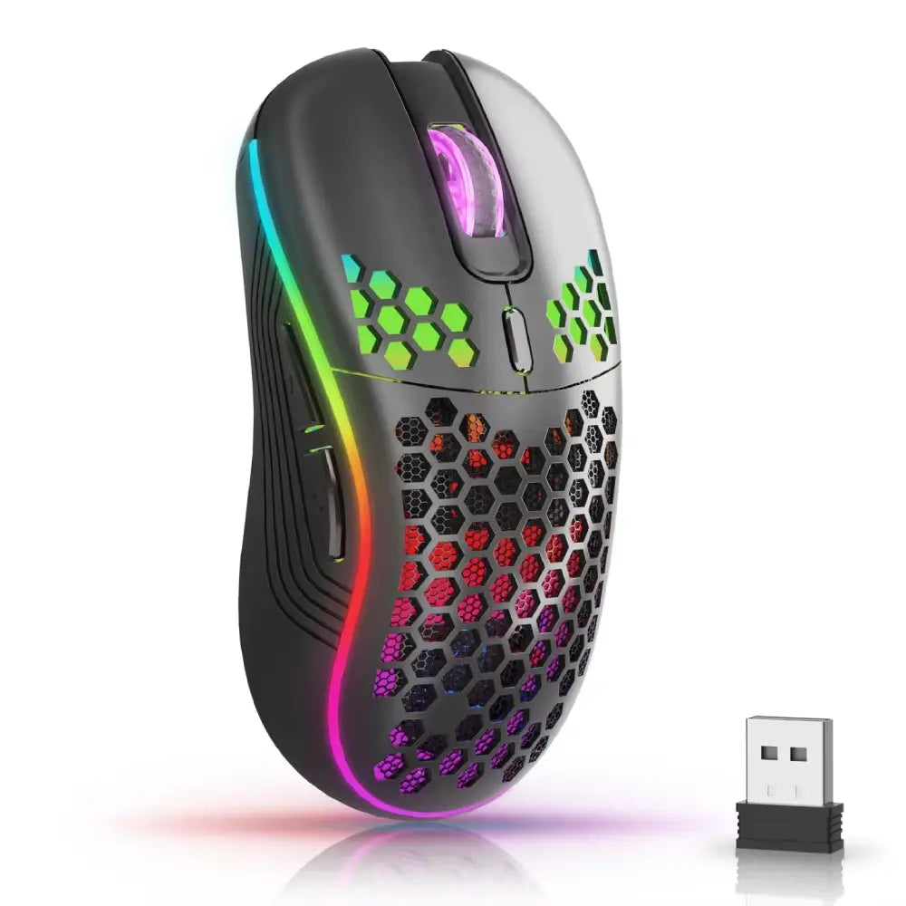 RGB Wireless Gaming Mouse - Ergonomic Honeycomb Design, 6 Buttons, 3-Speed DPI, Type C Rechargeable - Woof Glow Gear