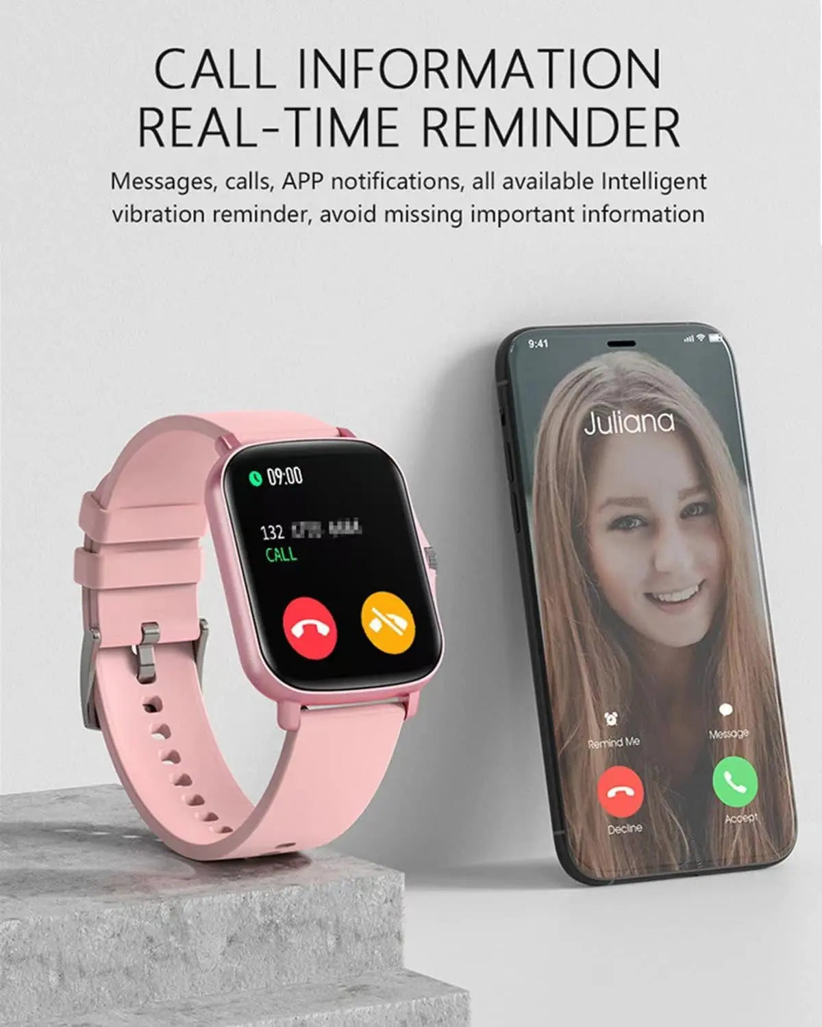 Stylish Smart Fitness Tracker Watch for Android/iOS - IP68 Waterproof, Heart Rate & Blood Oxygen Monitoring, 8 Sports Modes, Sleep Tracking, and Weather Updates - 1.69-Inch Display in Rose Gold for Men and Women - Woof Glow Gear
