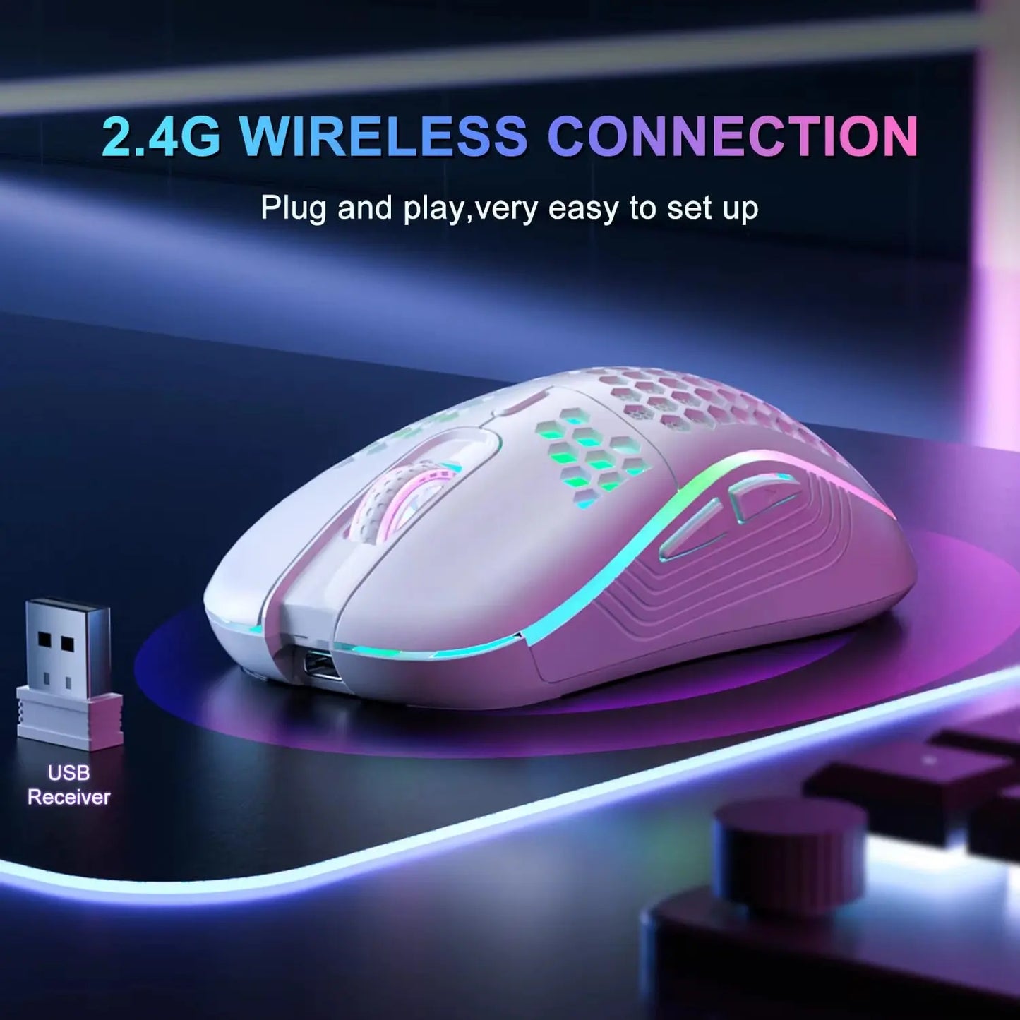 RGB Wireless Gaming Mouse - Ergonomic Honeycomb Design, 6 Buttons, 3-Speed DPI, Type C Rechargeable - Woof Glow Gear