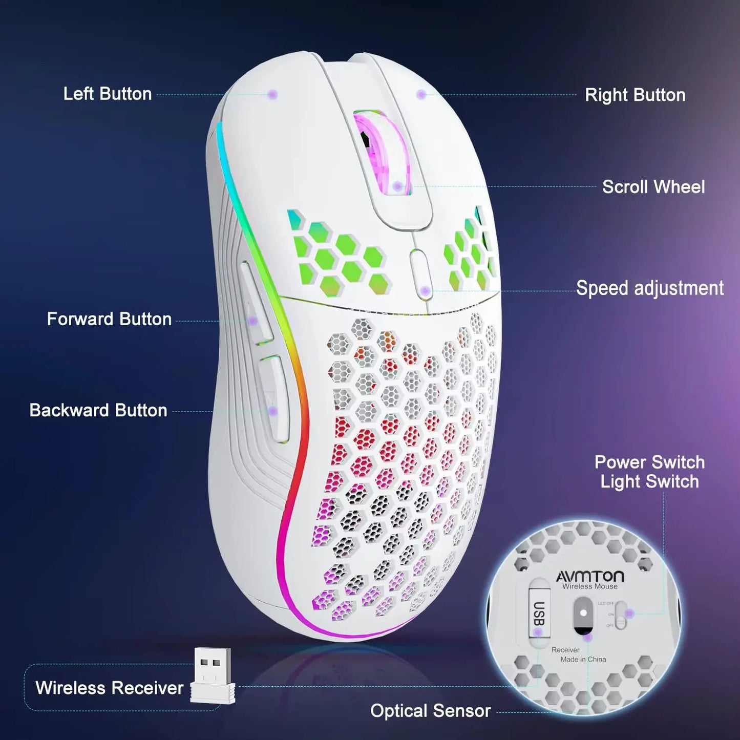 RGB Wireless Gaming Mouse - Ergonomic Honeycomb Design, 6 Buttons, 3-Speed DPI, Type C Rechargeable - Woof Glow Gear