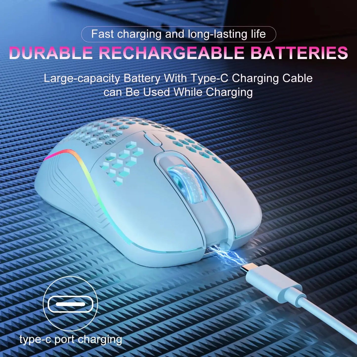 RGB Wireless Gaming Mouse - Ergonomic Honeycomb Design, 6 Buttons, 3-Speed DPI, Type C Rechargeable - Woof Glow Gear