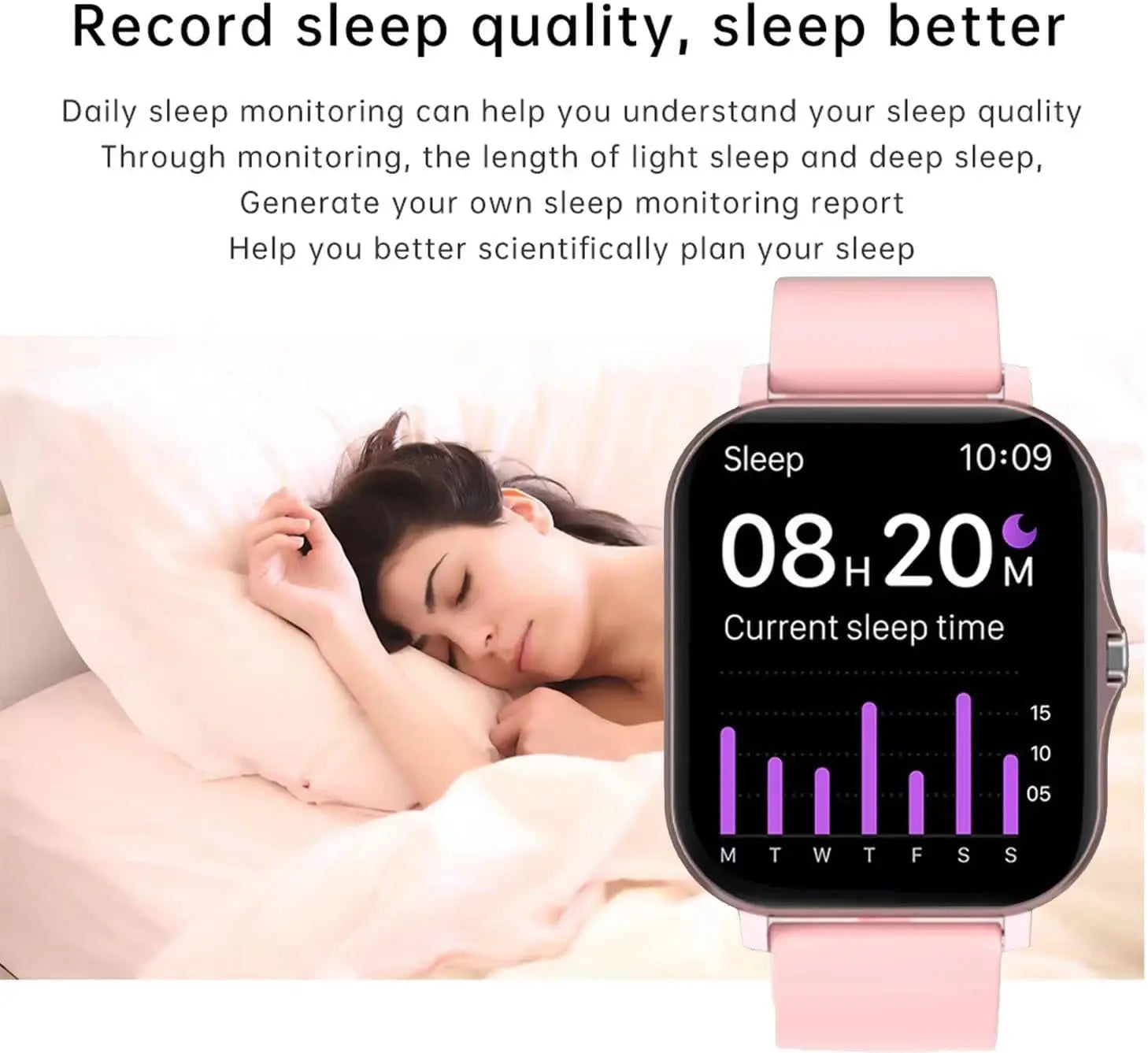 Stylish Smart Fitness Tracker Watch for Android/iOS - IP68 Waterproof, Heart Rate & Blood Oxygen Monitoring, 8 Sports Modes, Sleep Tracking, and Weather Updates - 1.69-Inch Display in Rose Gold for Men and Women - Woof Glow Gear
