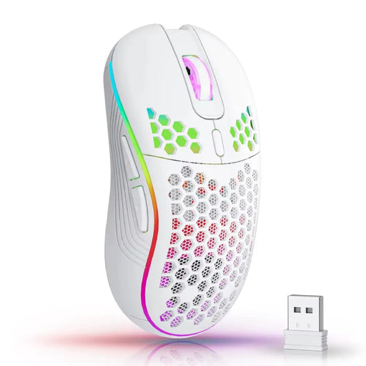 RGB Wireless Gaming Mouse - Ergonomic Honeycomb Design, 6 Buttons, 3-Speed DPI, Type C Rechargeable - Woof Glow Gear