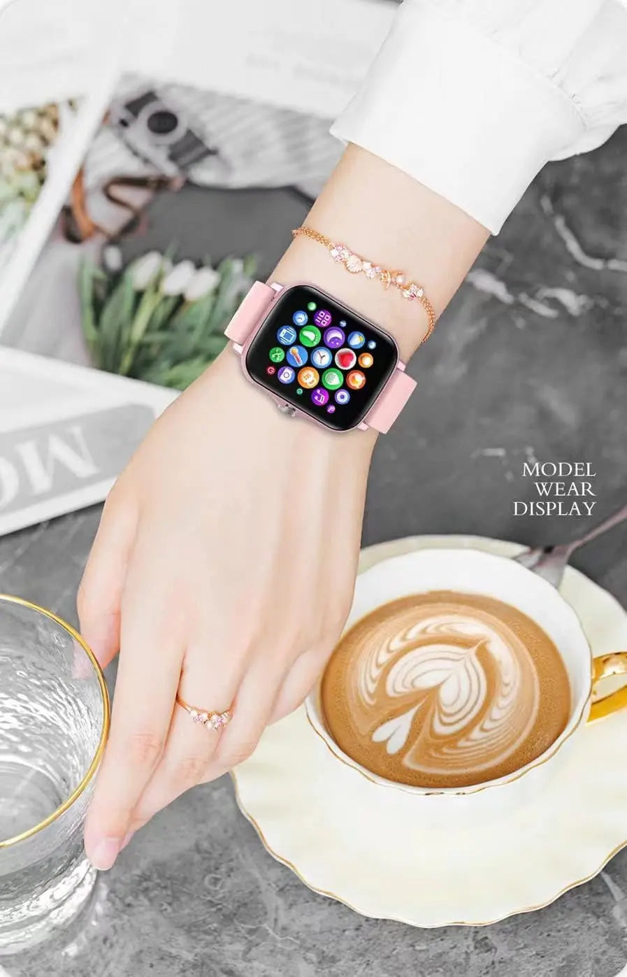 Stylish Smart Fitness Tracker Watch for Android/iOS - IP68 Waterproof, Heart Rate & Blood Oxygen Monitoring, 8 Sports Modes, Sleep Tracking, and Weather Updates - 1.69-Inch Display in Rose Gold for Men and Women - Woof Glow Gear