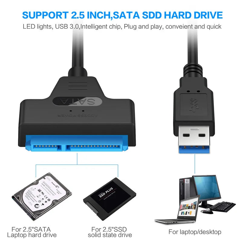 SATA to USB 3.0 / 2.0 Cable Up to 6 Gbps for 2.5 Inch External HDD SSD Hard Drive SATA 3 22 Pin Adapter USB 3.0 to Sata III Cord - Woof Glow Gear