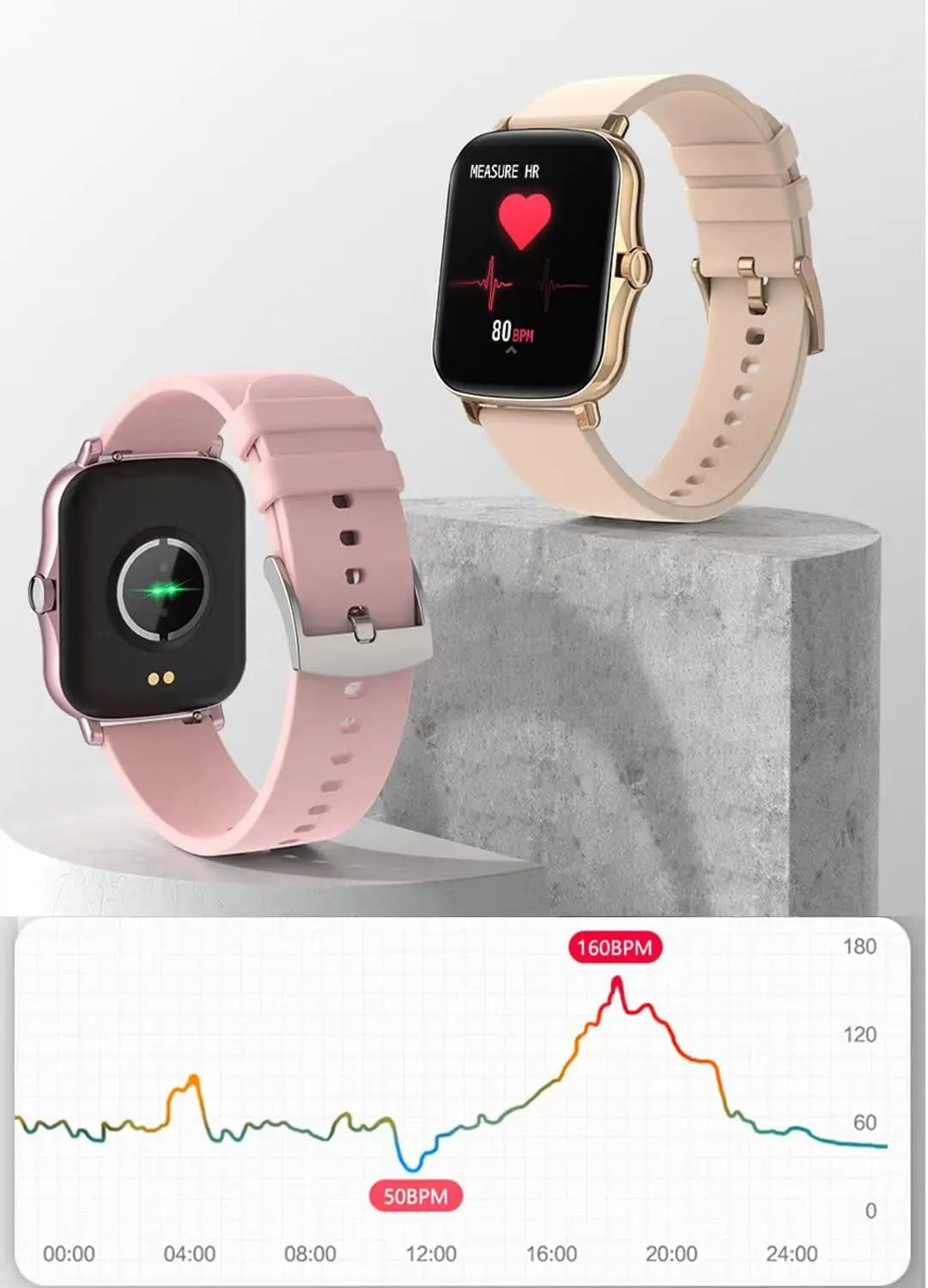 Stylish Smart Fitness Tracker Watch for Android/iOS - IP68 Waterproof, Heart Rate & Blood Oxygen Monitoring, 8 Sports Modes, Sleep Tracking, and Weather Updates - 1.69-Inch Display in Rose Gold for Men and Women - Woof Glow Gear