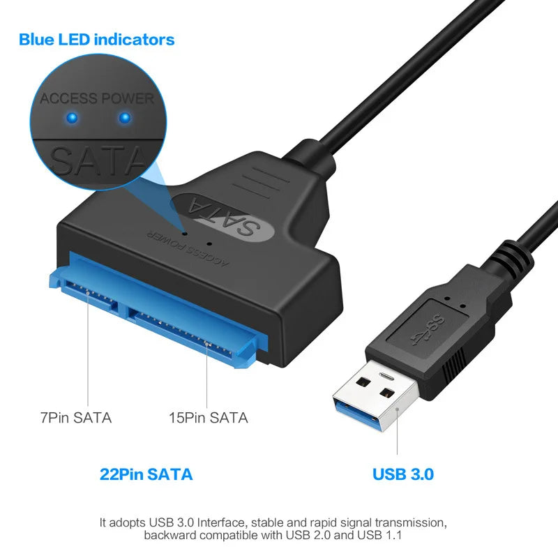 SATA to USB 3.0 / 2.0 Cable Up to 6 Gbps for 2.5 Inch External HDD SSD Hard Drive SATA 3 22 Pin Adapter USB 3.0 to Sata III Cord - Woof Glow Gear