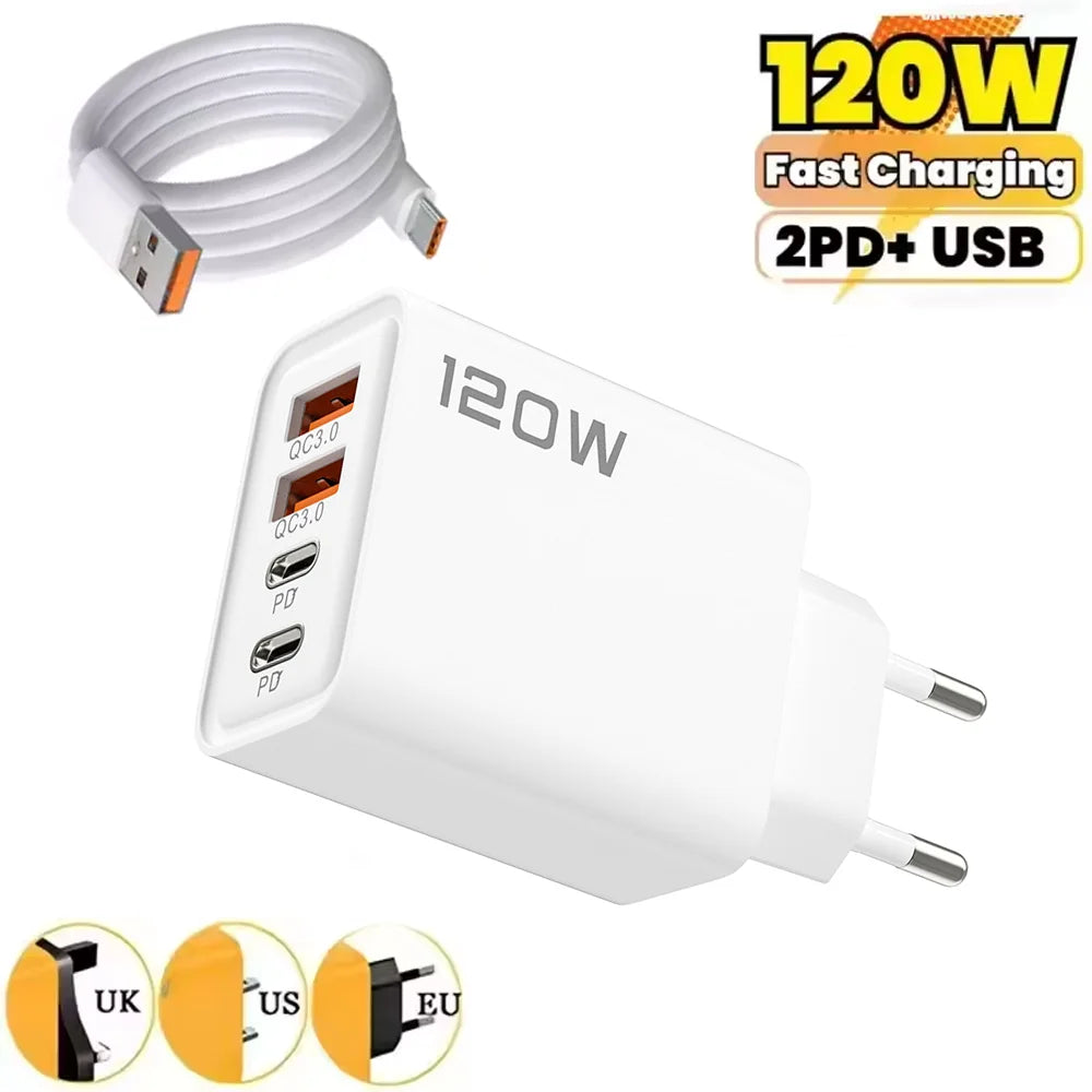 Total 120W 4 Port USB Type C Charger Fast Charging Data Cable USB Phone Charger Adapter for Samsung IPhone Xiaomi Wall Charger - Woof Glow Gear