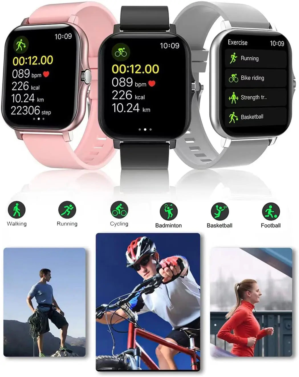 Stylish Smart Fitness Tracker Watch for Android/iOS - IP68 Waterproof, Heart Rate & Blood Oxygen Monitoring, 8 Sports Modes, Sleep Tracking, and Weather Updates - 1.69-Inch Display in Rose Gold for Men and Women - Woof Glow Gear