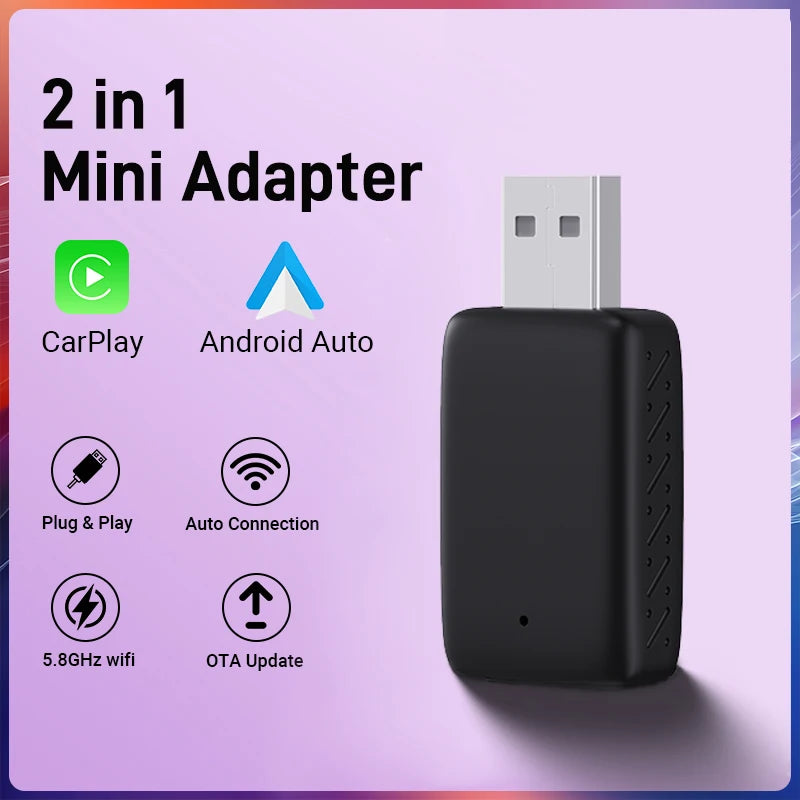 NEW 2in1 Mini Wireless Carplay Adapter And Android Auto Wireless Adapter Wired to Wireless Plug And Play For 99% OEM Cars - Woof Glow Gear