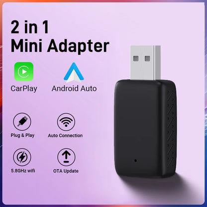 NEW 2in1 Mini Wireless Carplay Adapter And Android Auto Wireless Adapter Wired to Wireless Plug And Play For 99% OEM Cars - Woof Glow Gear